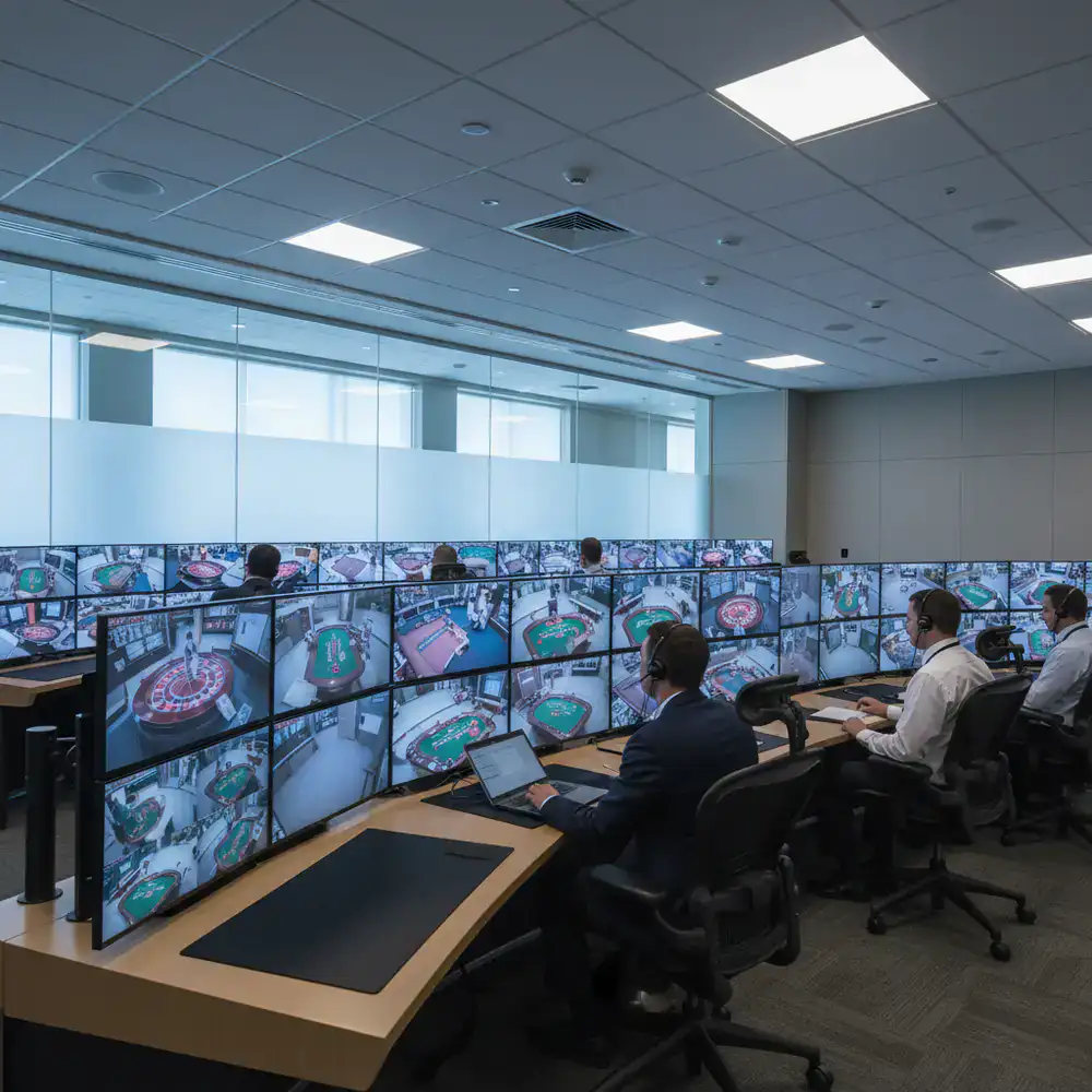 Monitoren in een moderne casinobewakingsruimte die tafelspellen volgen