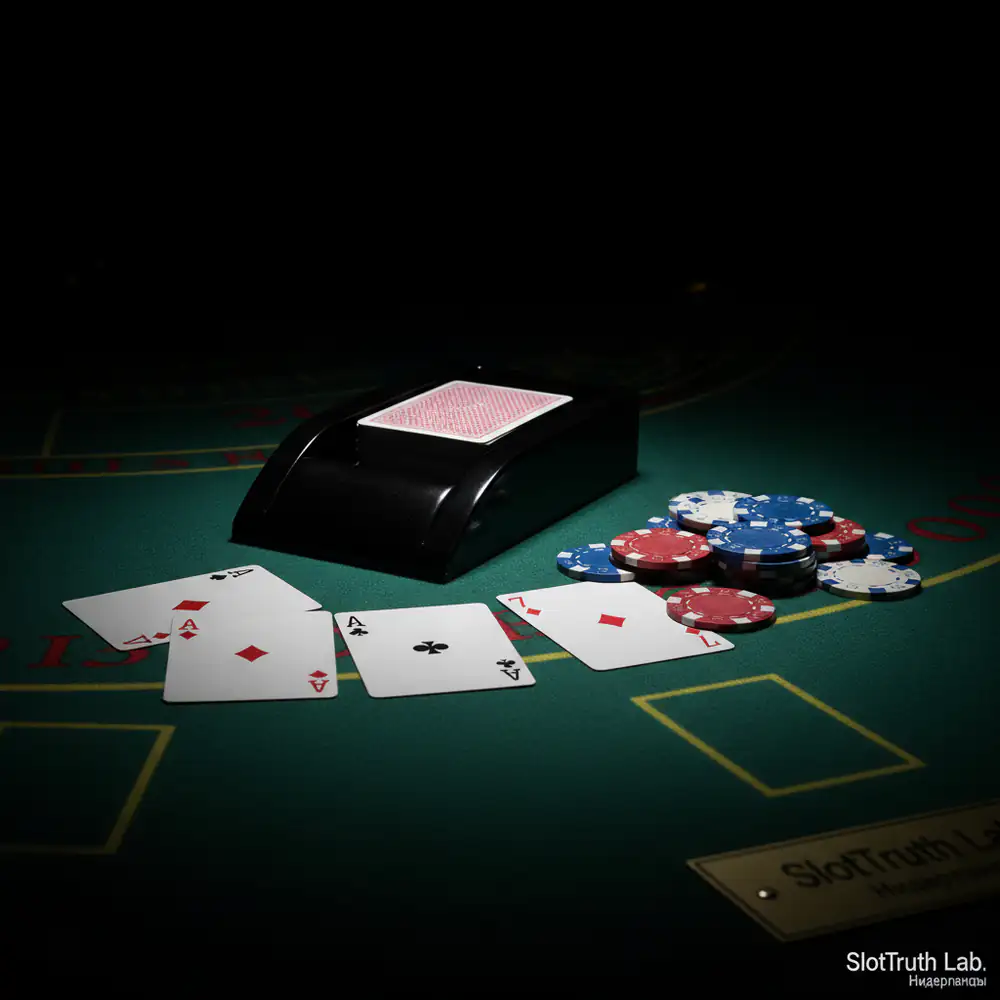 Close-up van een blackjackschoen en afgelegde kaarten in een casinoottiek